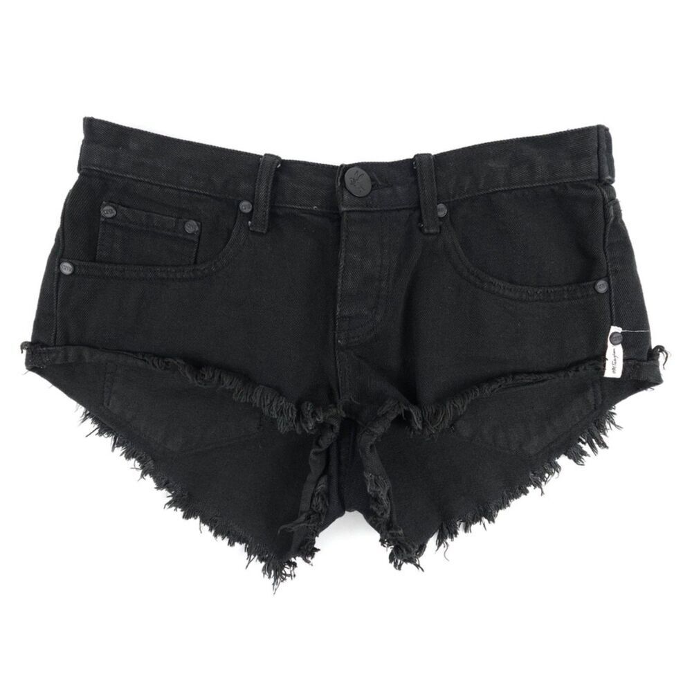 ONE TEASPOON No 2s Low Waist Jean Short Raw Curved Hem Black Denim Boho Grunge